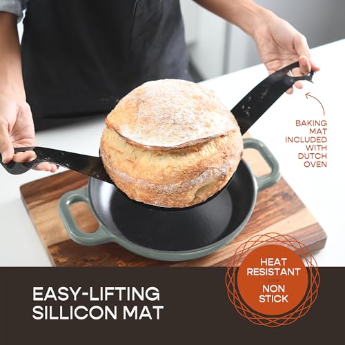 Enameled Cast Iron Dutch Oven for Sourdough Bread Baking | 6 Quart Oval Pot with Lid | 10 Inch Ceramic Enamel Thick Coated Cookware with Non Stick Silicone Baking Mat for Cooking | 6 Qt | Sea Salt - Image 3