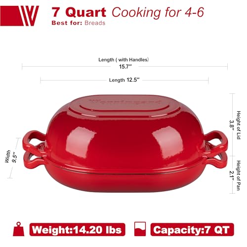Enameled Cast Iron Sourdough Bread Oven, Dutch Oven, Loaf Cast Iron Bread Pan for Homemade Bread Baking, Meatloaf Pan with Lid, 7QT, Red - Image 3