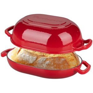Enameled Cast Iron Sourdough Bread Oven, Dutch Oven, Loaf Cast Iron Bread Pan for Homemade Bread Baking, Meatloaf Pan with Lid, 7QT, Red