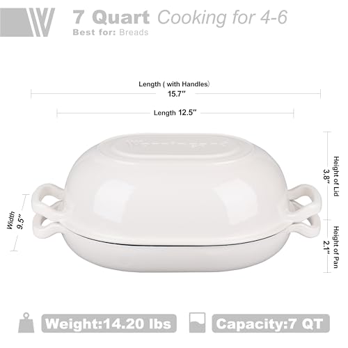 Enameled Cast Iron Sourdough Bread Oven, Dutch Oven, Loaf Cast Iron Bread Pan for Homemade Bread Baking, Meatloaf Pan with Lid, 7QT, White - Image 3