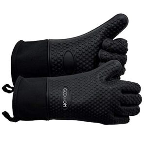 GEEKHOM BBQ Gloves, Grilling Gloves Heat Resistant Oven Gloves, Kitchen Silicone Oven Mitts, Long Waterproof Non-Slip Pot Holder for Barbecue, Cooking, Baking, Black