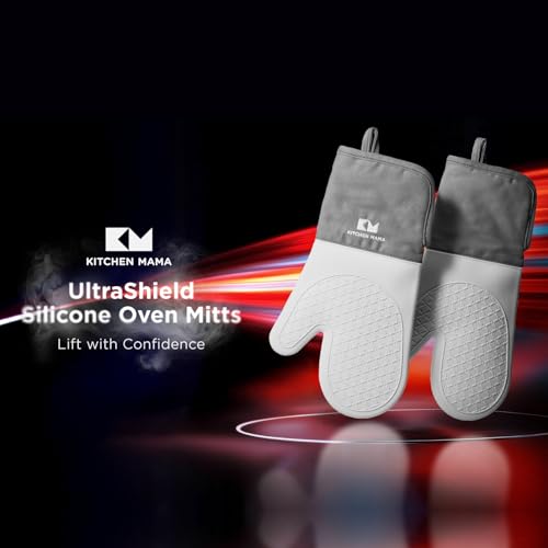 Kitchen Mama UltraShield Silicone Oven Mitts Heat Resistant – Non-Slip, Stain-Resistant, Silicone Cooking Mitts & Pot Holders for Baking, Grilling, Heat Resistant Cooking Gloves (Metal Gray) - Image 3