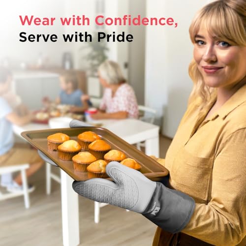 Kitchen Mama UltraShield Silicone Oven Mitts Heat Resistant – Non-Slip, Stain-Resistant, Silicone Cooking Mitts & Pot Holders for Baking, Grilling, Heat Resistant Cooking Gloves (Metal Gray) - Image 7