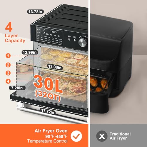 Kitchen in the box 32QT Extra Large Air Fryer Toaster Oven Combo, 21-in-1 Countertop Convection Toaster Oven with Rotisserie and Dehydrate, 6 Accessories, 1800W Dual Cook Preset (Black) - Image 5