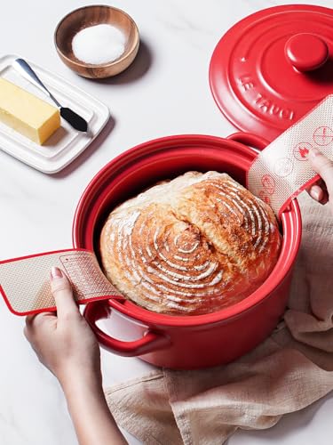 LE TAUCI 3 qt Ceramic Dutch Oven for Bread Baking with Silicone Sling- Lightweight, Non-Toxic, No Seasoning Needed- Oven, Microwave & Dishwasher Safe, Ideal for Home Bakers & Beginners, Chili Red - Image 3