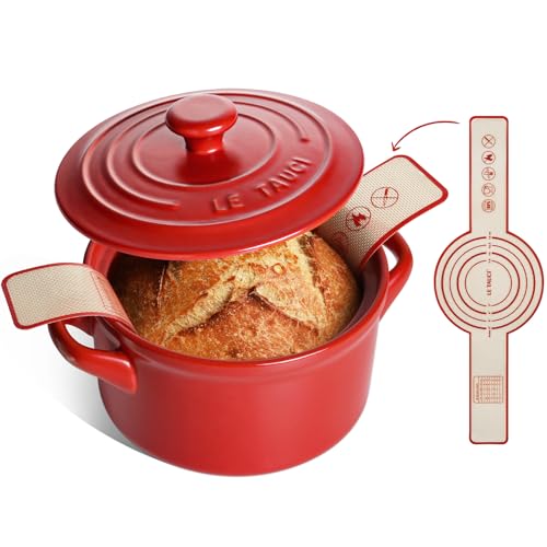 LE TAUCI 3 qt Ceramic Dutch Oven for Bread Baking with Silicone Sling- Lightweight, Non-Toxic, No Seasoning Needed- Oven, Microwave & Dishwasher Safe, Ideal for Home Bakers & Beginners, Chili Red