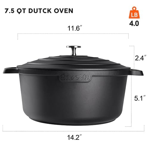 Large Dutch Oven Pot with Lid-7.5QT Cast Aluminum Oven Pot with Two Handles Lightweight for Bread Baking Braising and Roasting(Black) - Image 3