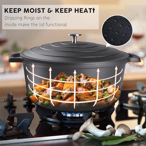 Large Dutch Oven Pot with Lid-7.5QT Cast Aluminum Oven Pot with Two Handles Lightweight for Bread Baking Braising and Roasting(Black) - Image 6
