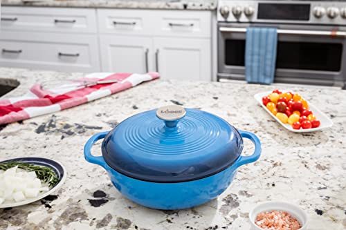 Lodge 3 Quart Enameled Cast Iron Dutch Oven with Lid – Dual Handles – Oven Safe up to 500° F or on Stovetop - Use to Marinate, Cook, Bake, Refrigerate and Serve – Caribbean Blue - Image 6