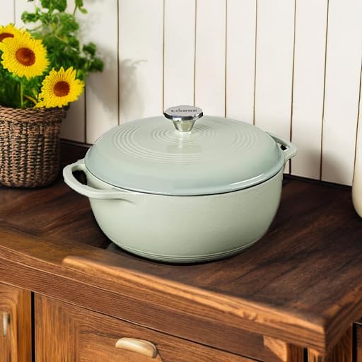 Lodge 6 Quart Enameled Cast Iron Dutch Oven with Lid – Dual Handles – Oven Safe up to 500° F or on Stovetop - Use to Marinate, Cook, Bake, Refrigerate and Serve – Desert Sage - Image 6