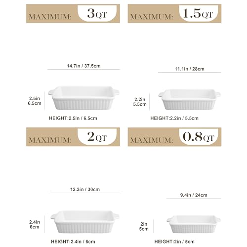 MALACASA Casserole Dishes for Oven, Porcelain Baking Dishes, Ceramic Bakeware Sets of 4, Rectangular Lasagna Pans Deep with Handles for Baking Cake Kitchen, White (9.4"/11.1"/12.2"/14.7"), Series - Image 4