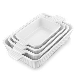 MALACASA Casserole Dishes for Oven, Porcelain Baking Dishes, Ceramic Bakeware Sets of 4, Rectangular Lasagna Pans Deep with Handles for Baking Cake Kitchen, White (9.4″/11.1″/12.2″/14.7″), Series