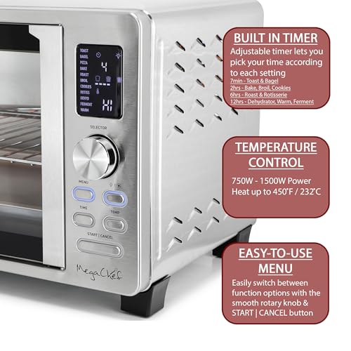 MegaChef 25 Liter Digital Electric French Door Multi-Function Counter Top Oven with Rotisserie Set & Toast, Bagel, Pizza, Bake, Roast, Broil, Cookies, Rotisserie, Dehydrate, Ferment, Warm Functions - Image 7