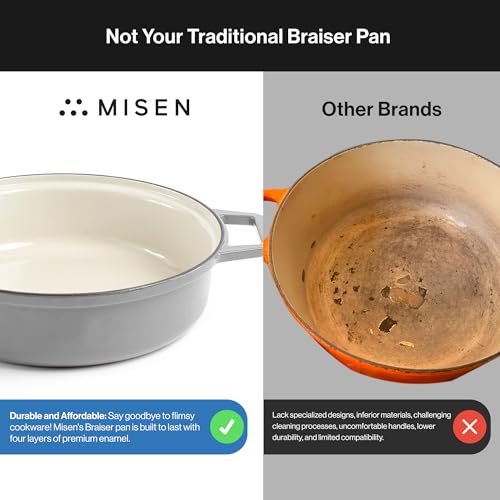 Misen 5.5 QT Braiser – Enameled Cast Iron Pan for Searing, Braising & Slow Cooking – No-Chip Enamel Coating – Extra-Wide Handles – Superior Heat Retention & Even Cooking - Gray - Image 3