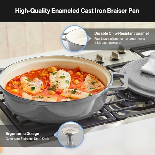 Misen 5.5 QT Braiser – Enameled Cast Iron Pan for Searing, Braising & Slow Cooking – No-Chip Enamel Coating – Extra-Wide Handles – Superior Heat Retention & Even Cooking - Gray - Image 4