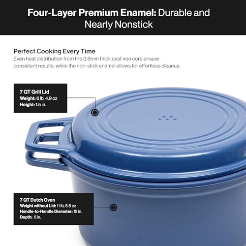 Misen 7 QT Enameled Cast Iron Dutch Oven - Chip-Resistant Enamel Coating - Thick Iron Core For Heat Retention - Large Cooking Surface - Oven Safe, Induction Compatible - Grill and Silicone Lid, Blue - Image 5