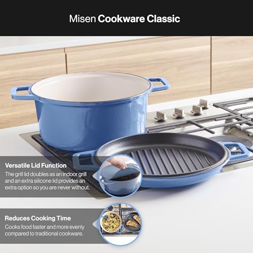 Misen 7 QT Enameled Cast Iron Dutch Oven - Chip-Resistant Enamel Coating - Thick Iron Core For Heat Retention - Large Cooking Surface - Oven Safe, Induction Compatible - Grill and Silicone Lid, Blue - Image 6