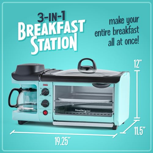 Nostalgia 3-in-1 Breakfast Station - Includes Coffee Maker, Non-Stick Griddle, and 4-Slice Toaster Oven - Versatile Breakfast Maker with Timer - Aqua - Image 3