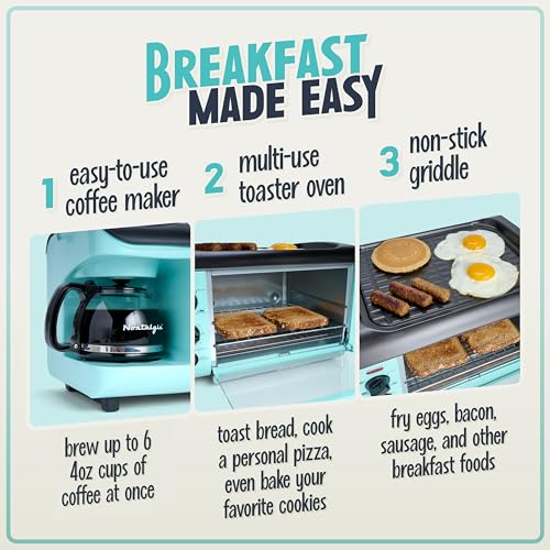 Nostalgia 3-in-1 Breakfast Station - Includes Coffee Maker, Non-Stick Griddle, and 4-Slice Toaster Oven - Versatile Breakfast Maker with Timer - Aqua - Image 4