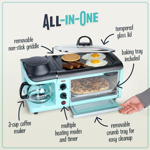 Nostalgia 3-in-1 Breakfast Station - Includes Coffee Maker, Non-Stick Griddle, and 4-Slice Toaster Oven - Versatile Breakfast Maker with Timer - Aqua - Image 5