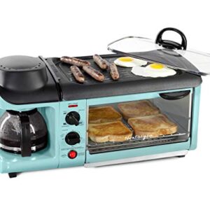 Nostalgia 3-in-1 Breakfast Station – Includes Coffee Maker, Non-Stick Griddle, and 4-Slice Toaster Oven – Versatile Breakfast Maker with Timer – Aqua