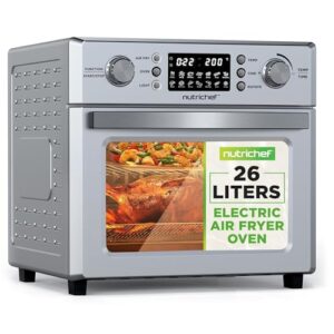 NutriChef 26L Electric Air Fryer Oven | 1700W Countertop Rotisserie & Air Fryer | 360° Rotating Feature | 10 Digital Menu Presets | Includes Drip Tray, Air Frying Basket & Bake Rack 15x16x14 (Silver)