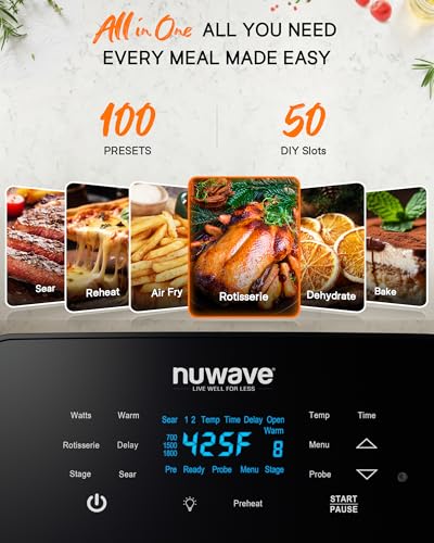 Nuwave Brio 15.5Qt Air Fryer Rotisserie Oven, X-Large Family Size, Powerful 1800W, 4 Rack Positions, 50°-425°F Temp Controls, 100 Presets & 50 Memory, Integrated Smart Thermometer, Linear T Technology - Image 3