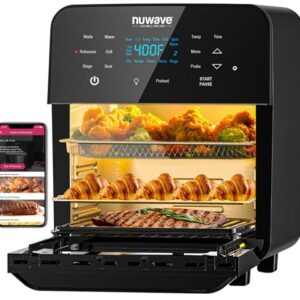 Nuwave Brio 15.5Qt Air Fryer Rotisserie Oven, X-Large Family Size, Powerful 1800W, 4 Rack Positions, 50°-425°F Temp Controls, 100 Presets & 50 Memory, Integrated Smart Thermometer, Linear T Technology