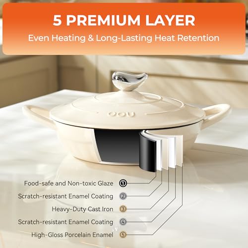 OOU Enameled Cast Iron Dutch Oven 2.64QT, Shallow Small Dutch Oven with Lid – Oven & Stovetop Safe (500°F), for Baking, Braising, Searing, Frying, Soups – Dishwasher Safe, Heavy Duty, Even Heat Distribution - Image 5
