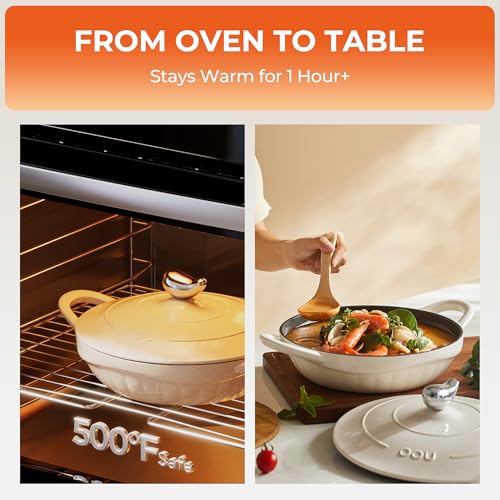 OOU Enameled Cast Iron Dutch Oven 2.64QT, Shallow Small Dutch Oven with Lid – Oven & Stovetop Safe (500°F), for Baking, Braising, Searing, Frying, Soups – Dishwasher Safe, Heavy Duty, Even Heat Distribution - Image 7
