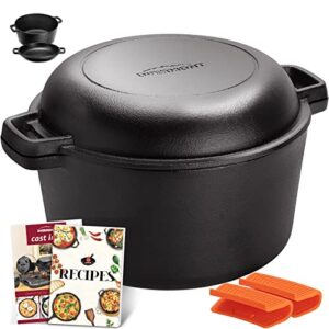 Overmont 2 in 1 Pre Seasoned Dutch Oven with Skillet Lid for Induction, Electric, Grill, Stovetop, BBQ, Camping (5 Quart)