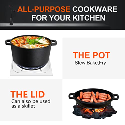 Overmont 2 in 1 Pre Seasoned Dutch Oven with Skillet Lid for Induction, Electric, Grill, Stovetop, BBQ, Camping (5 Quart) - Image 7