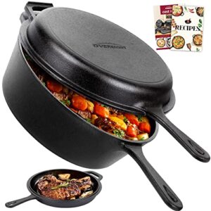 Overmont Cast Iron Dutch Oven with dual use Skillet lid for Oven, Induction, Electric, Grill, Stovetop, (3.2QT Pot, 10.5 inches)