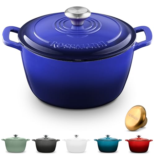 Signature Enameled Cast Iron Dutch Oven, Non-Stick Serving Pot with Tight Fitting Lid for Perfect Roasting, Baking, Sauteing, and Bread Making | 5.5Q (5.2L) - Indigo Blue