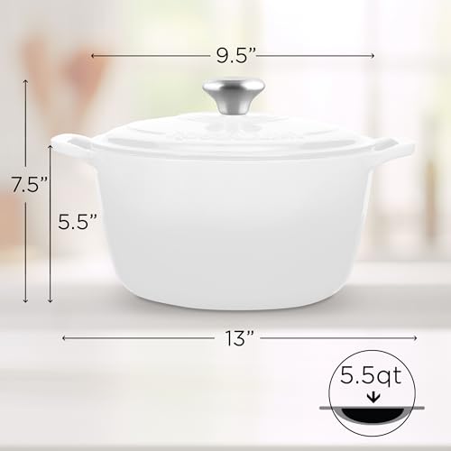 Signature Enameled Cast Iron Dutch Oven, Non-Stick Serving Pot with Tight Fitting Lid for Perfect Roasting, Baking, Sauteing, and Bread Making | 5.5Q (5.2L) - White - Image 3