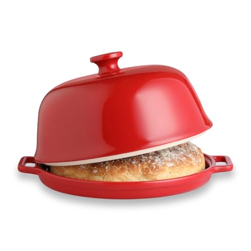 Sweejar Ceramic Bread Oven with Lid, Large Sourdough Bread Baking Pan with Handle, 5QT Porcelain Round Bread Cloche For Baking, Cooking, Roasting (Red)