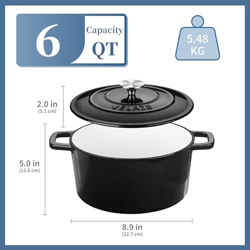 Velaze 6 QT Enameled Cast Iron Dutch Oven, Dual Handles Dutch Oven Pot with Lid,Heavy-Duty Non-stick Round Dutch Oven for Bread Baking, Stewing, Roasting, Good Sealing for All Heat Source (BLACK) - Image 4