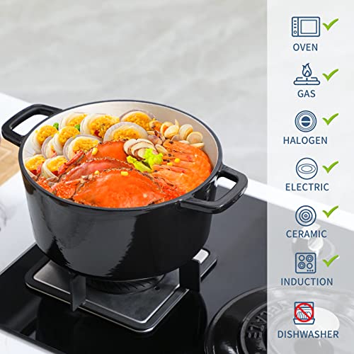 Velaze 6 QT Enameled Cast Iron Dutch Oven, Dual Handles Dutch Oven Pot with Lid,Heavy-Duty Non-stick Round Dutch Oven for Bread Baking, Stewing, Roasting, Good Sealing for All Heat Source (BLACK) - Image 5