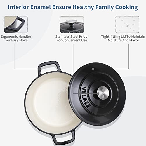 Velaze 6 QT Enameled Cast Iron Dutch Oven, Dual Handles Dutch Oven Pot with Lid,Heavy-Duty Non-stick Round Dutch Oven for Bread Baking, Stewing, Roasting, Good Sealing for All Heat Source (BLACK) - Image 7