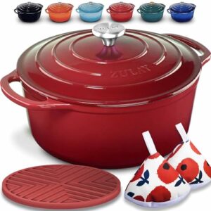 Zulay Kitchen 6 Quart Enameled Cast Iron Dutch Oven with Lid – Premium Durability & Oven Safe up to 500°F – Heavy Duty Cookware Perfect for Bread Baking, Stews, Braising & Roasting – Red